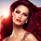 Elegant woman with red hair and dress in dusk setting