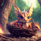 Animated dragons in nest with fires in forest setting.