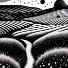 Monochromatic landscape illustration with fields, path, tree, and sky