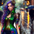 Digital artwork: Woman with purple hair in green steampunk attire with mechanical cat in foggy,