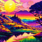 Colorful digital artwork: whimsical landscape with sun, purple hills, trees, lake, moon.