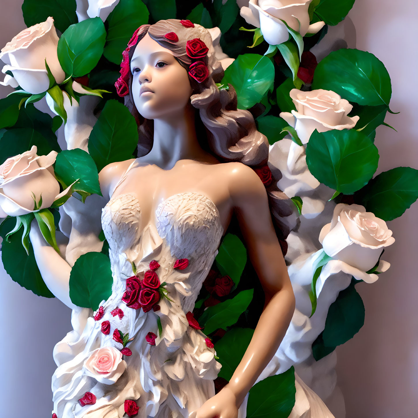 Mannequin in floral dress with red roses and white roses.