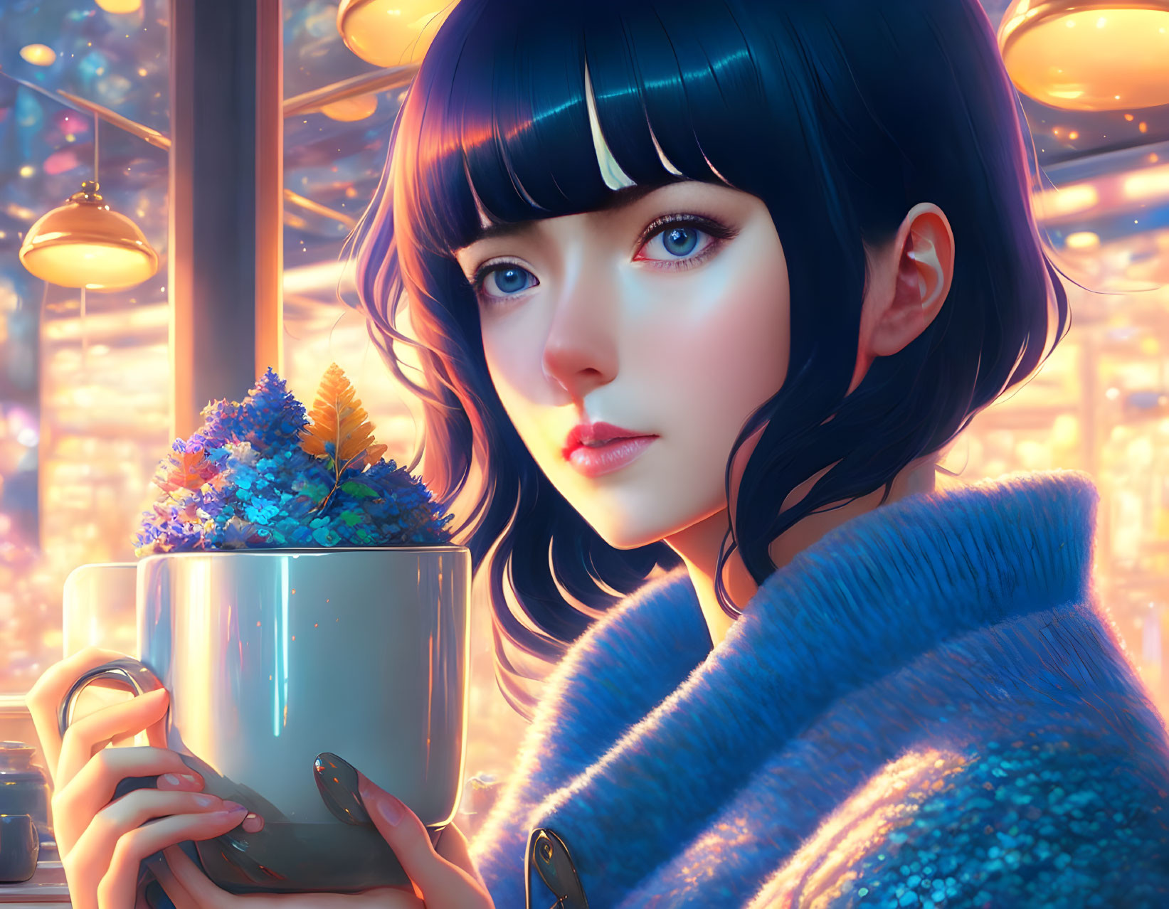 Illustration of woman with blue hair holding mug and plants in warm, bokeh-lit setting