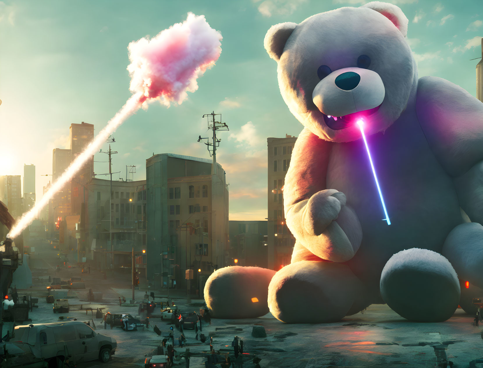 Giant Teddy Bear with Glowing Eyes Wielding Futuristic Weapon in Cityscape