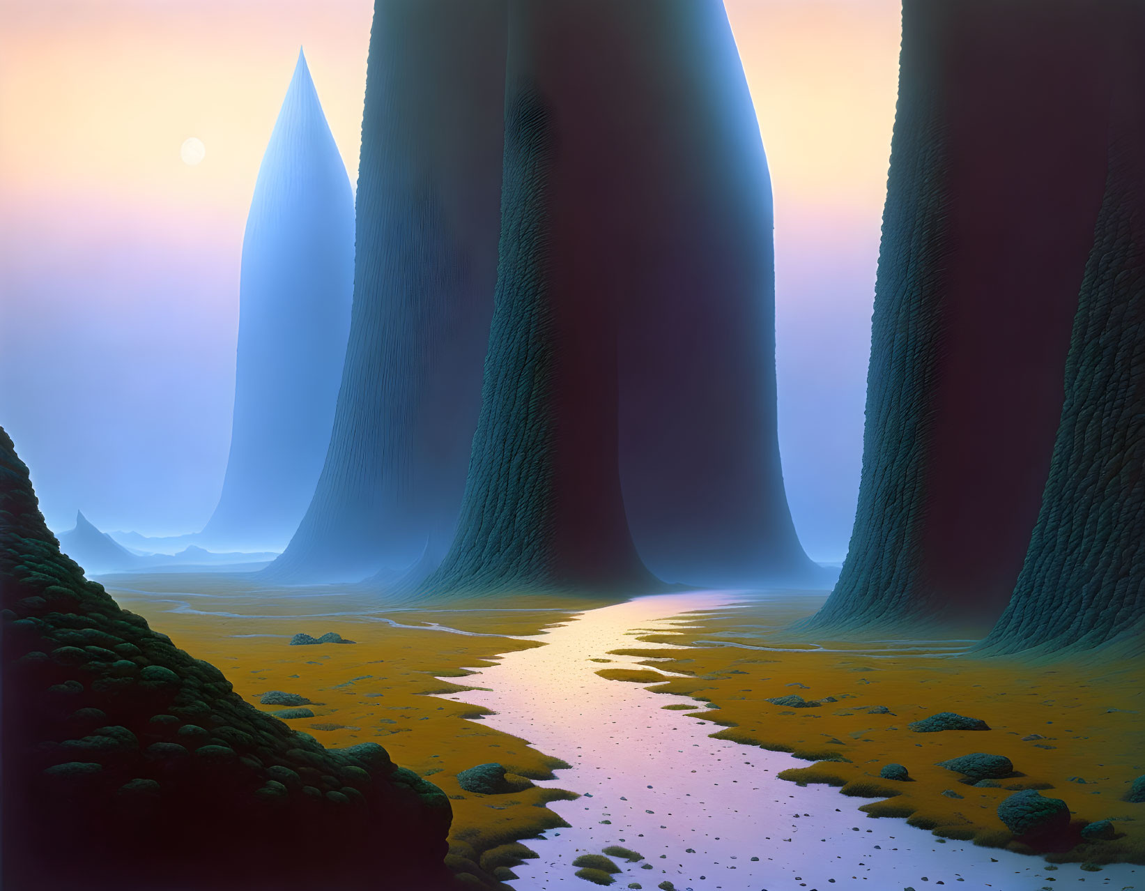 Mossy grounds and spire-like formations in surreal landscape