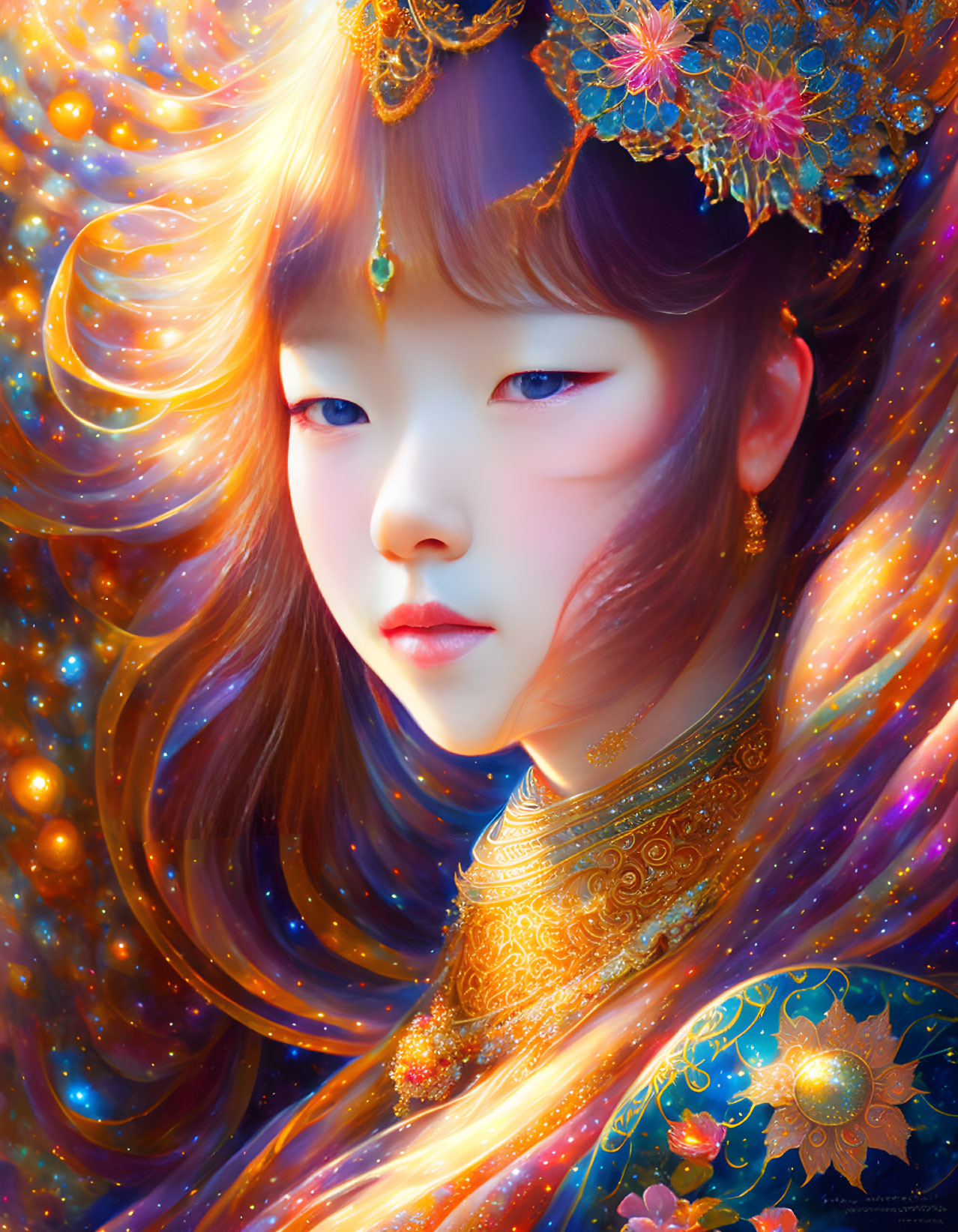 Digital portrait of girl with flowing hair and ornate jewels in vibrant cosmic background