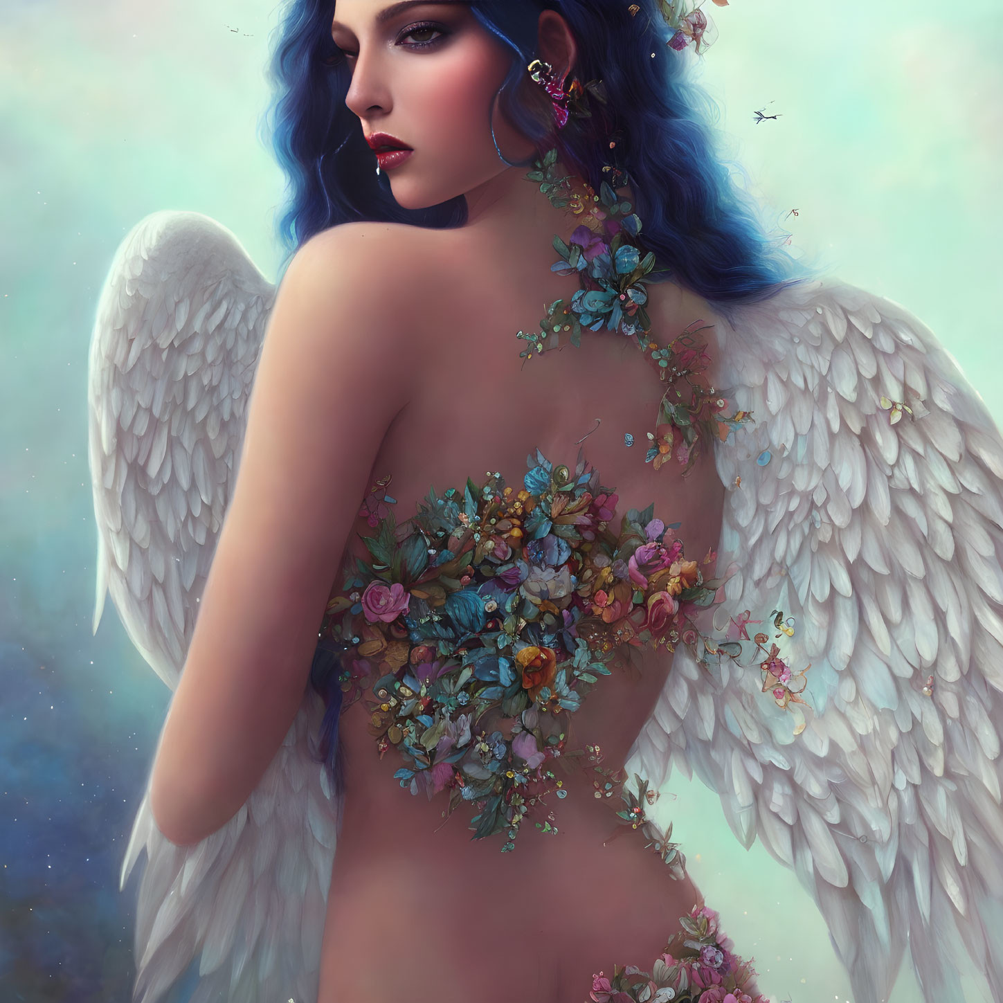 Blue-haired ethereal figure with angel wings and floral adornments on soft background