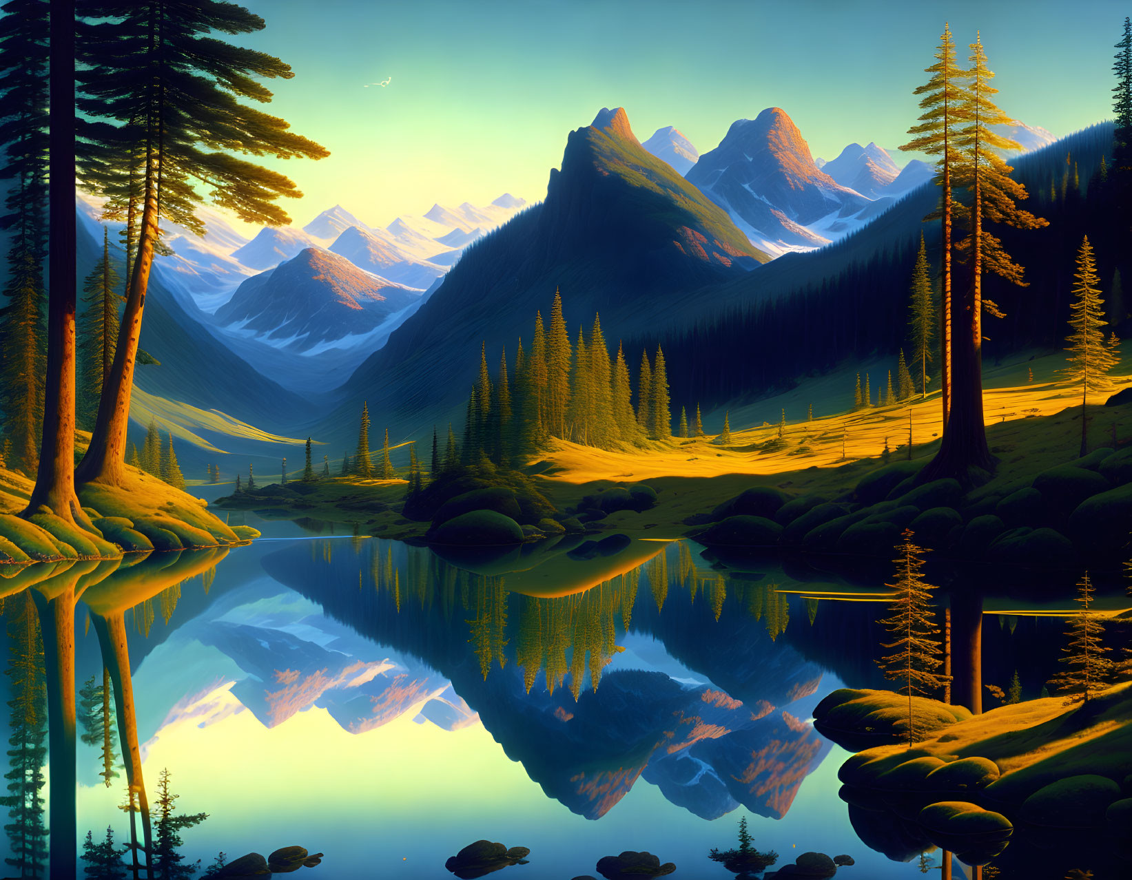 Mountain Landscape with Tranquil Lake and Pine Trees in Golden Light