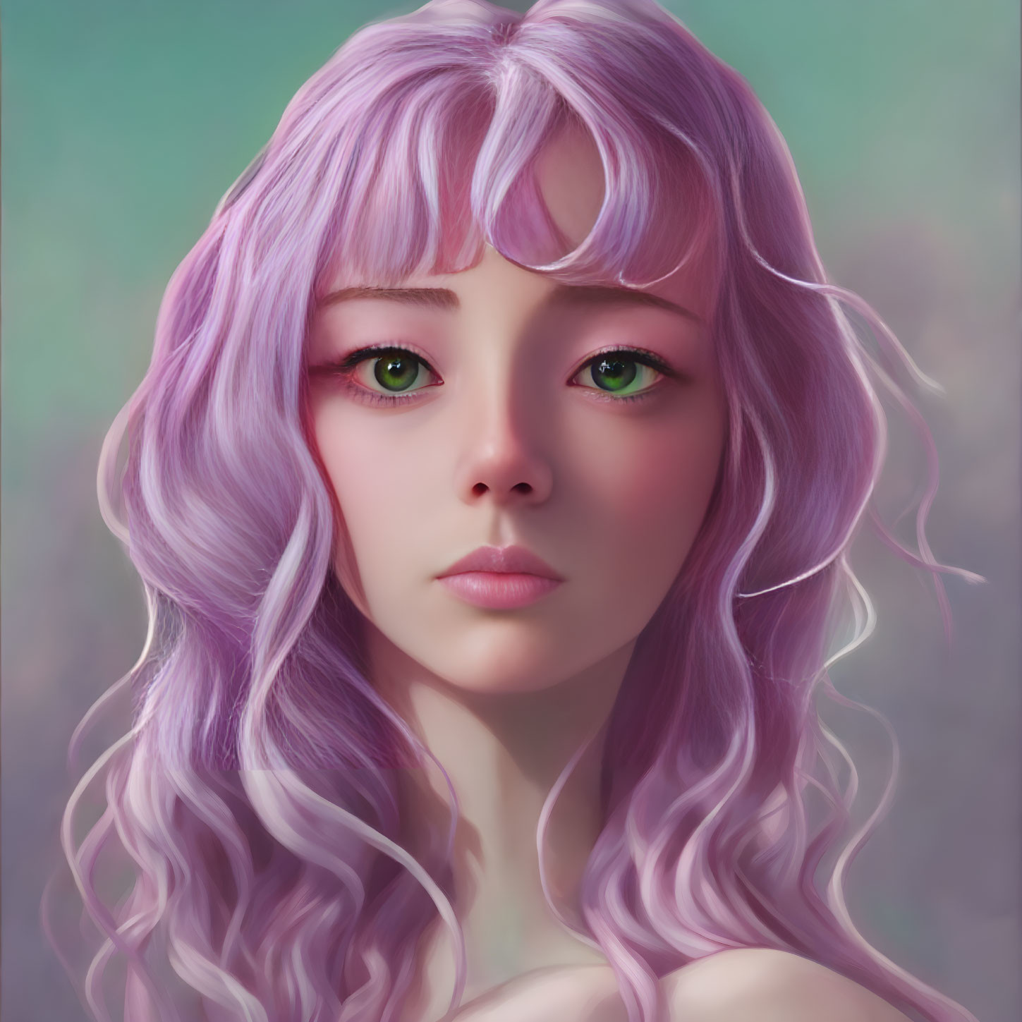 Portrait of a girl with wavy lilac hair and green eyes on soft green backdrop