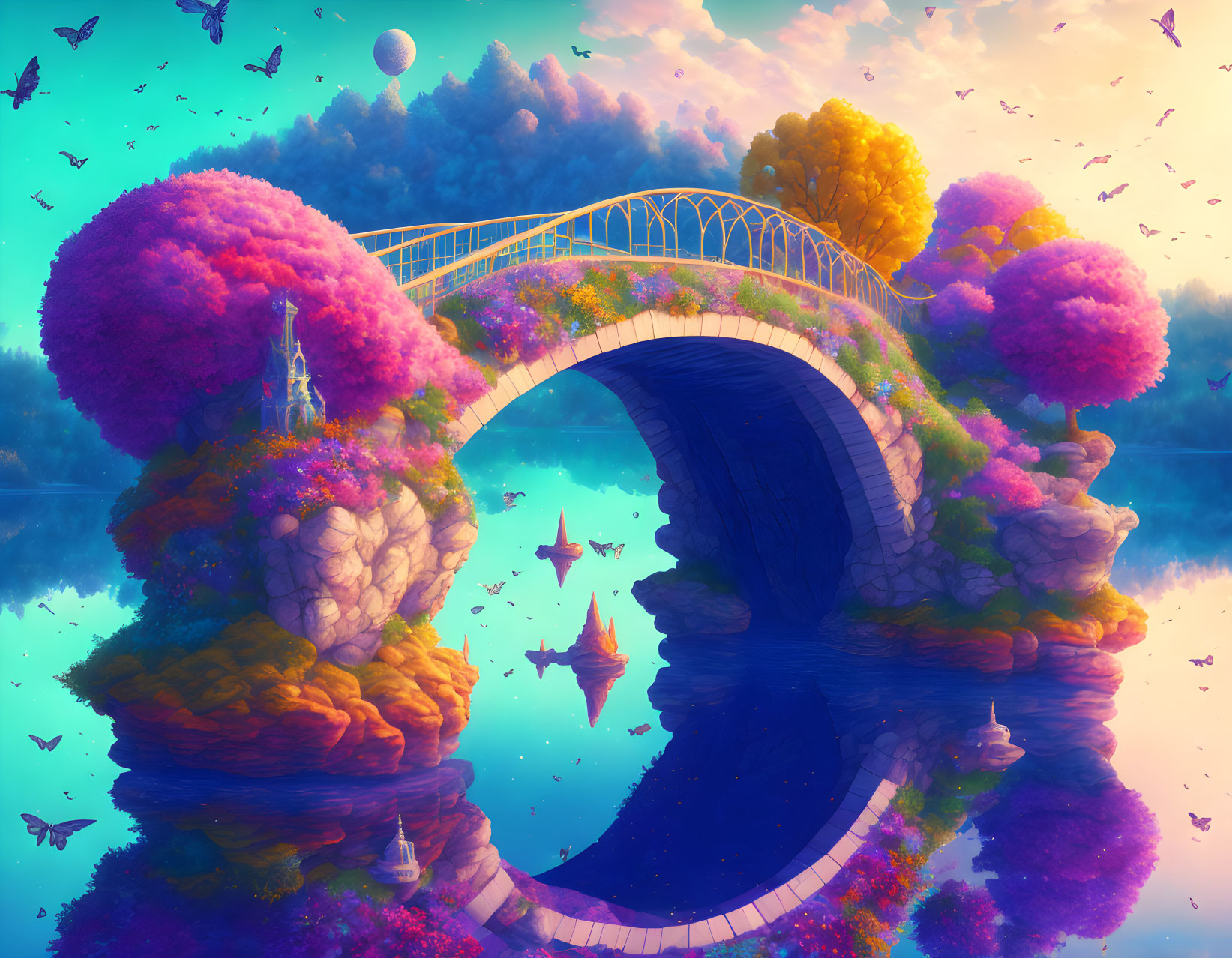 Fantasy landscape illustration with stone bridge, colorful foliage, and butterflies