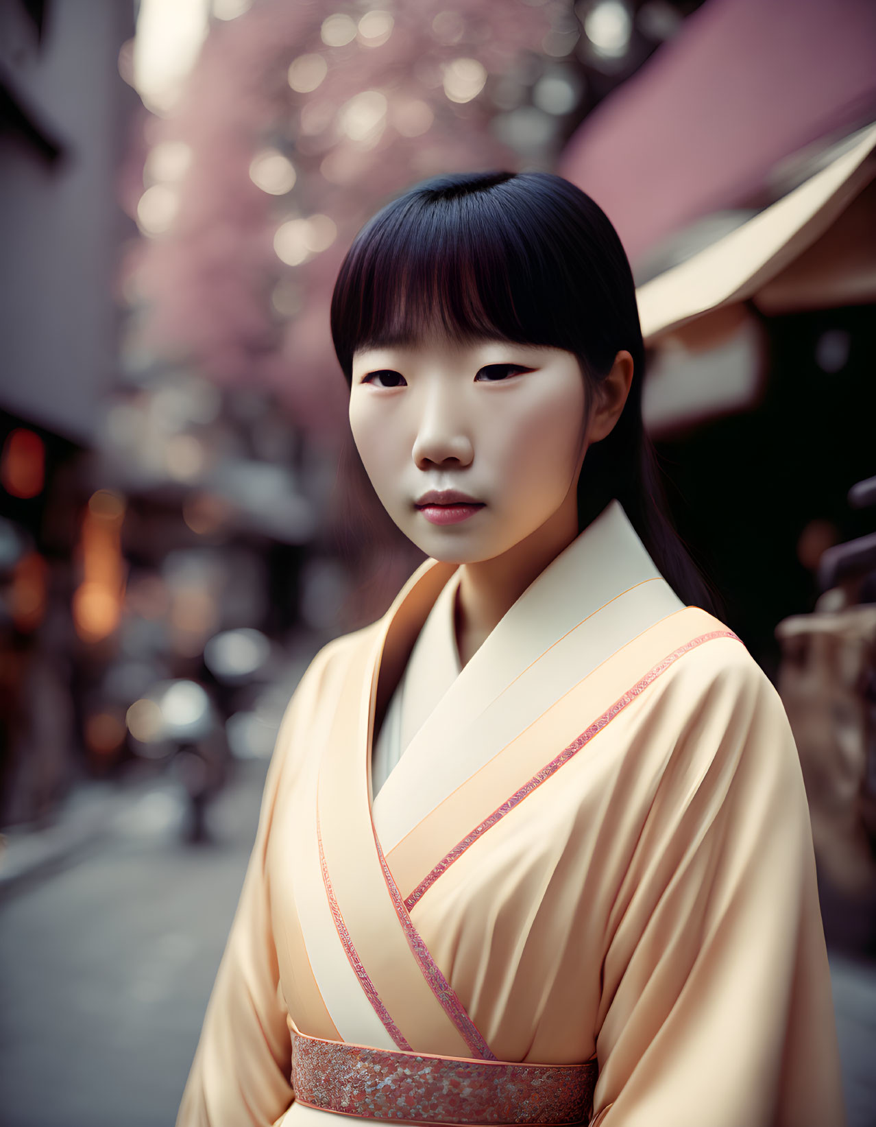 East Asian Woman in Traditional Kimono on Street