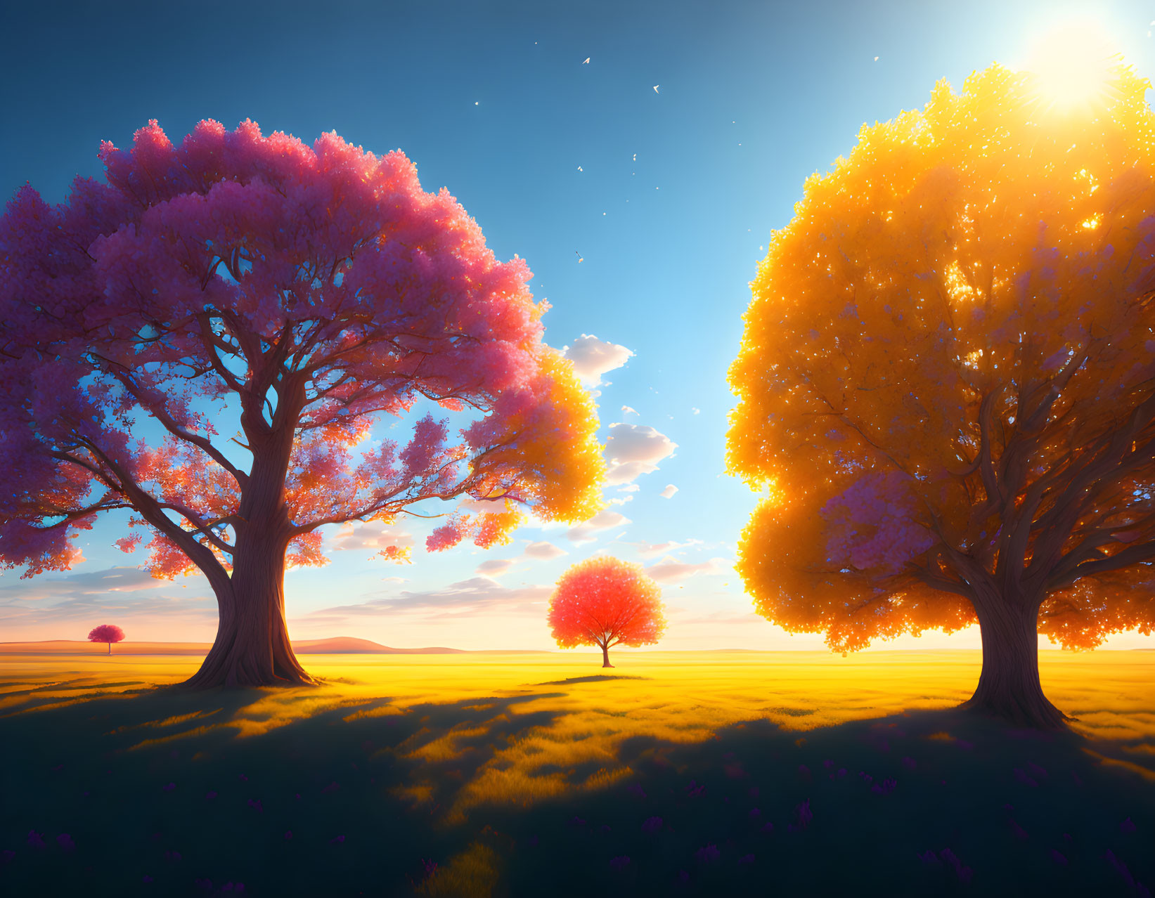 Colorful Trees and Pink Flowers in Sunset Landscape