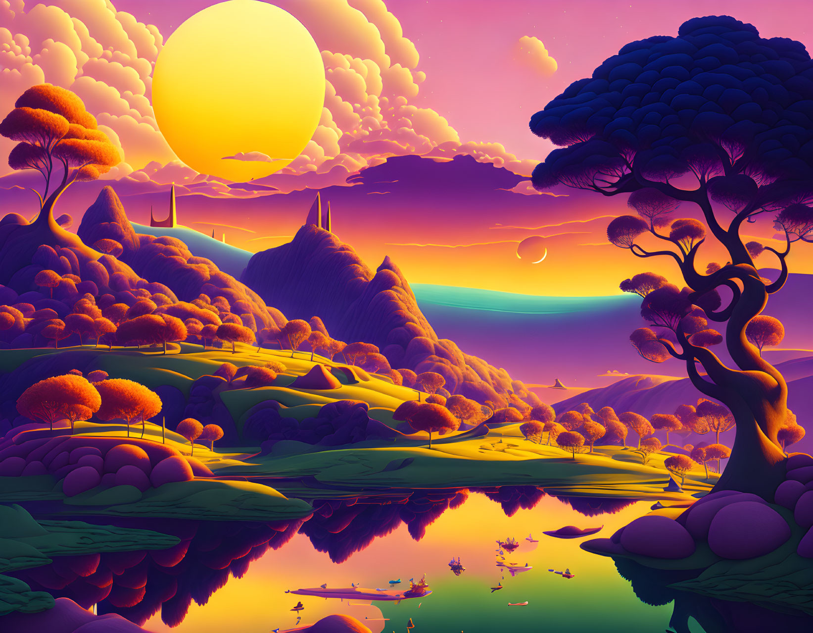 Colorful digital artwork: whimsical landscape with sun, purple hills, trees, lake, moon.