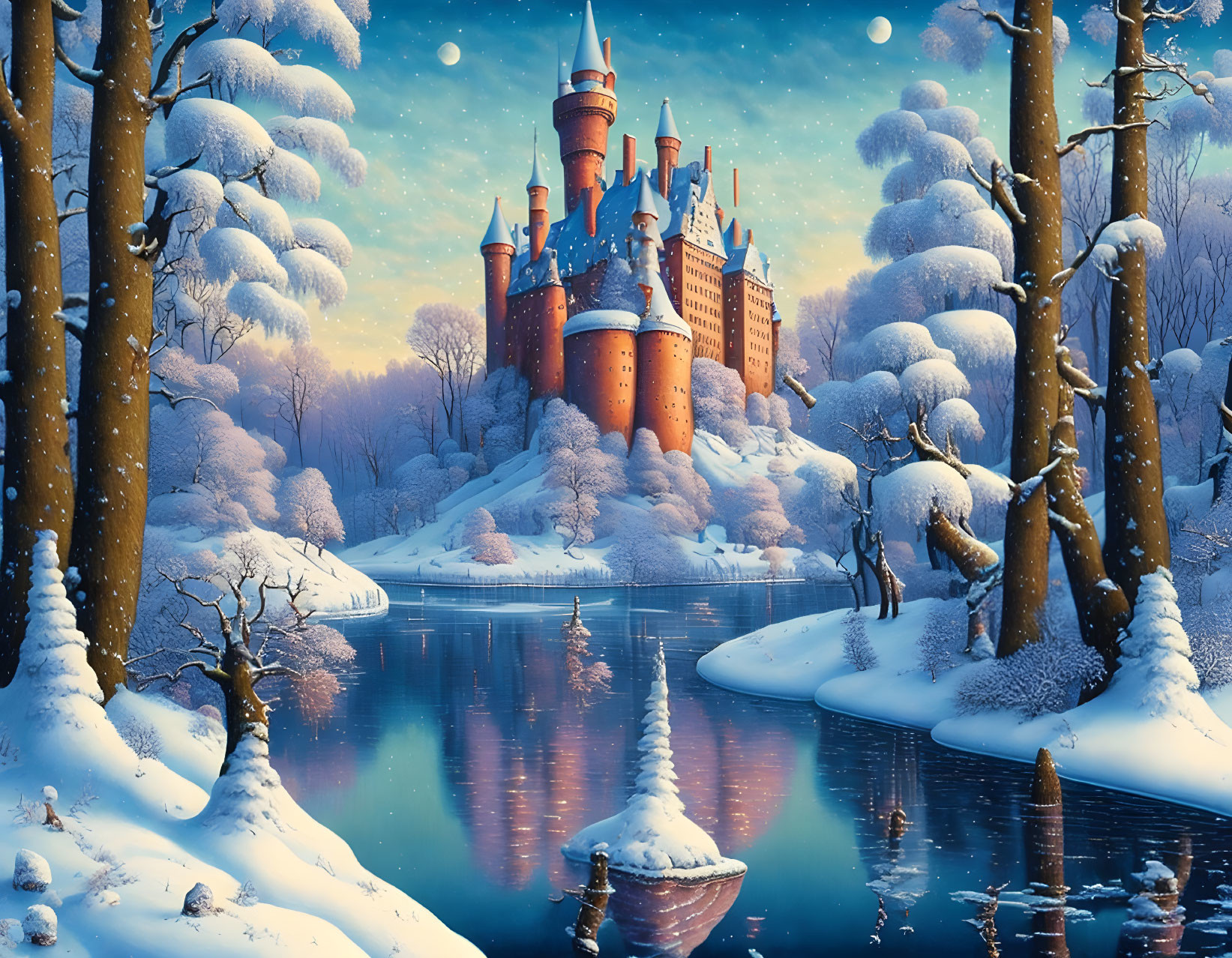 Majestic castle in snow-covered winter landscape with frozen lake