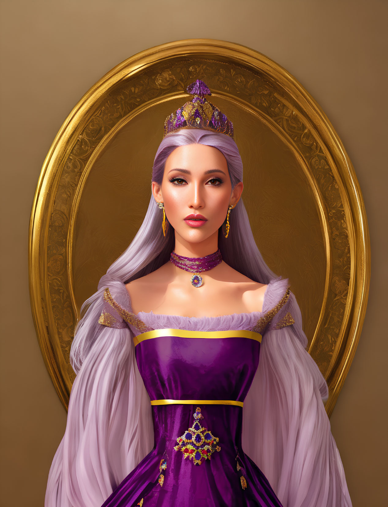 Silver-haired woman in royal purple gown with gold trimmings and jewels in golden oval frame