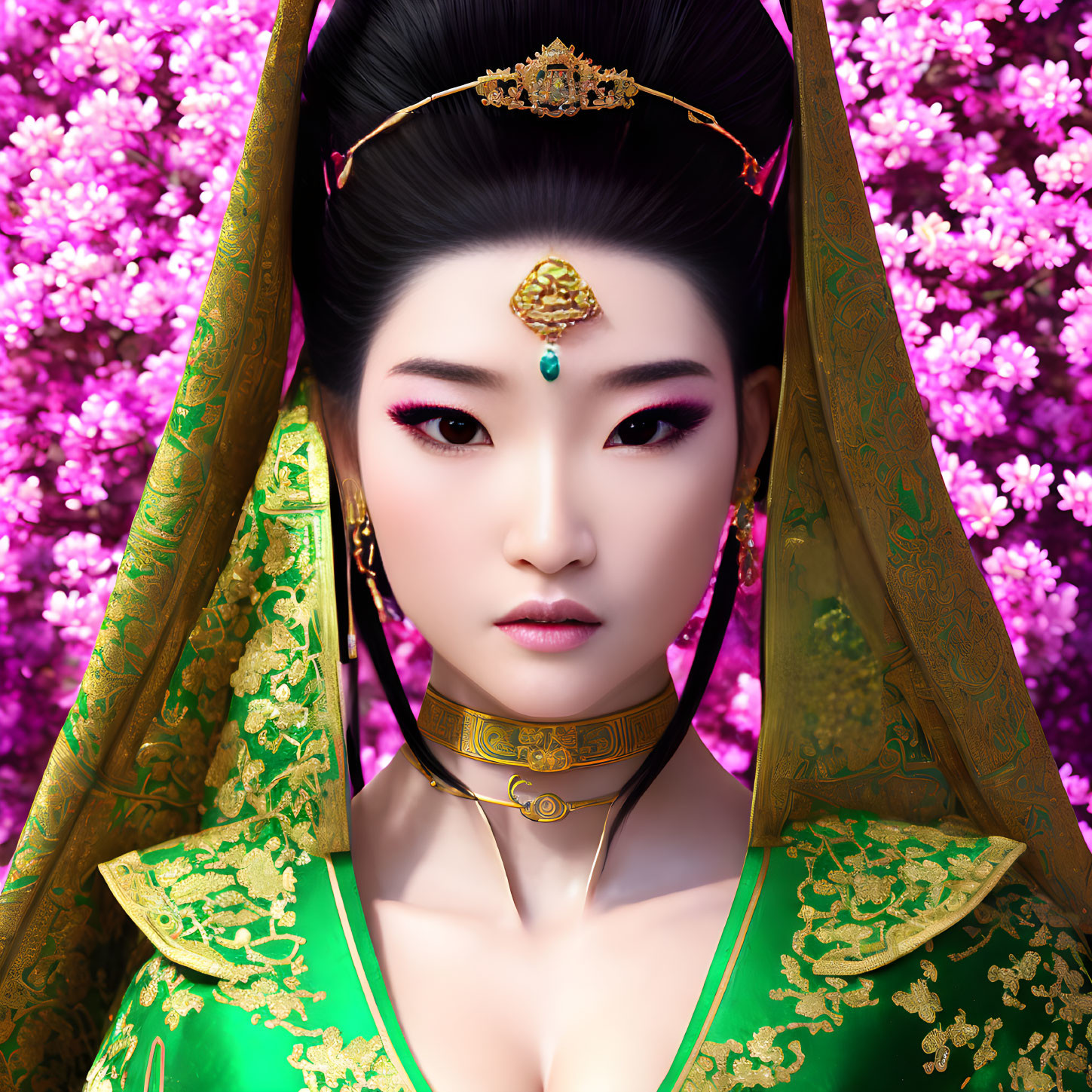 Traditional Asian Attire Woman Illustration with Gold Designs in Pink Blossoms