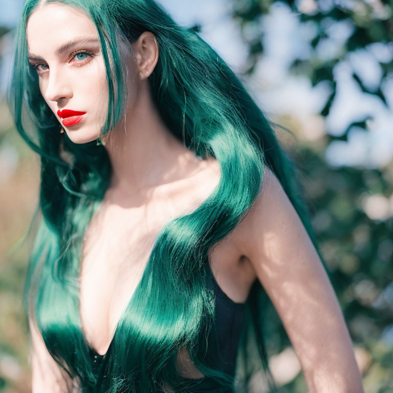 Vibrant green-haired woman with red lipstick outdoors.