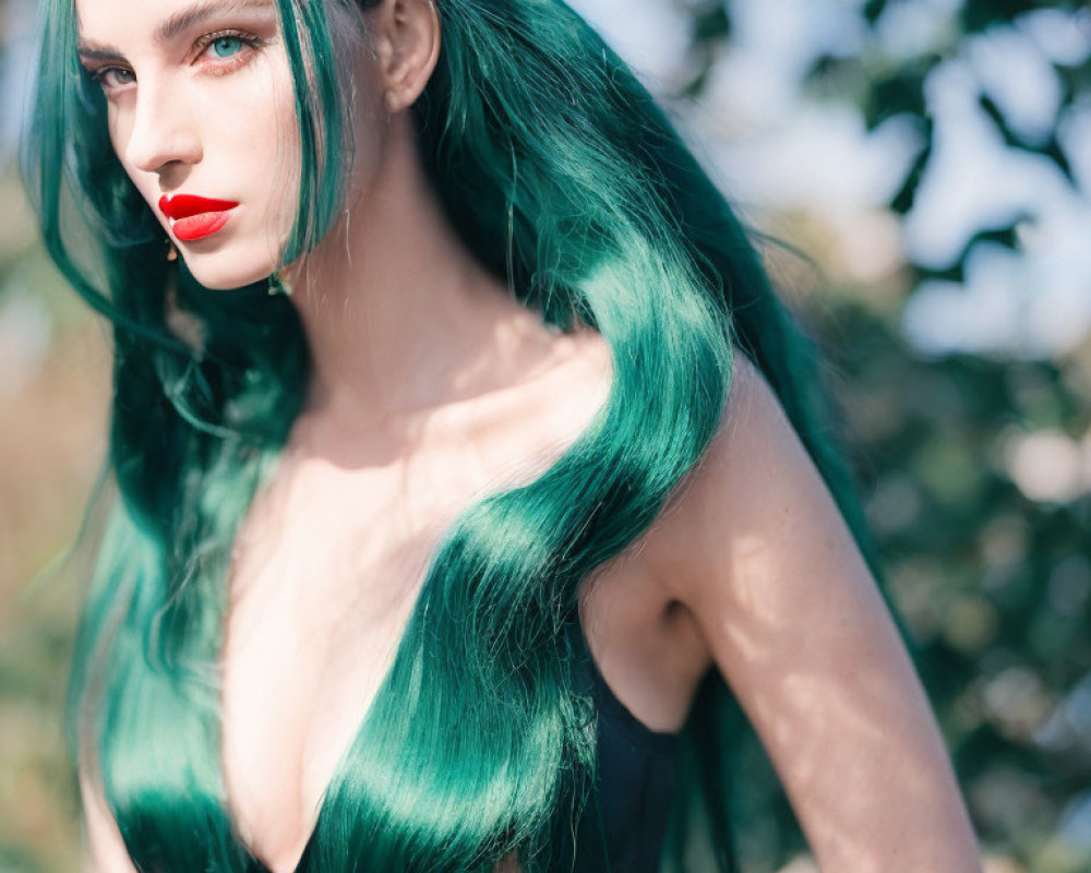 Vibrant green-haired woman with red lipstick outdoors.