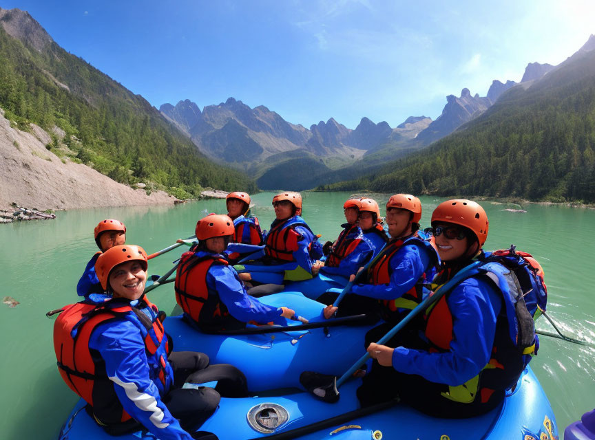 People in life jackets and helmets on raft in mountain lake