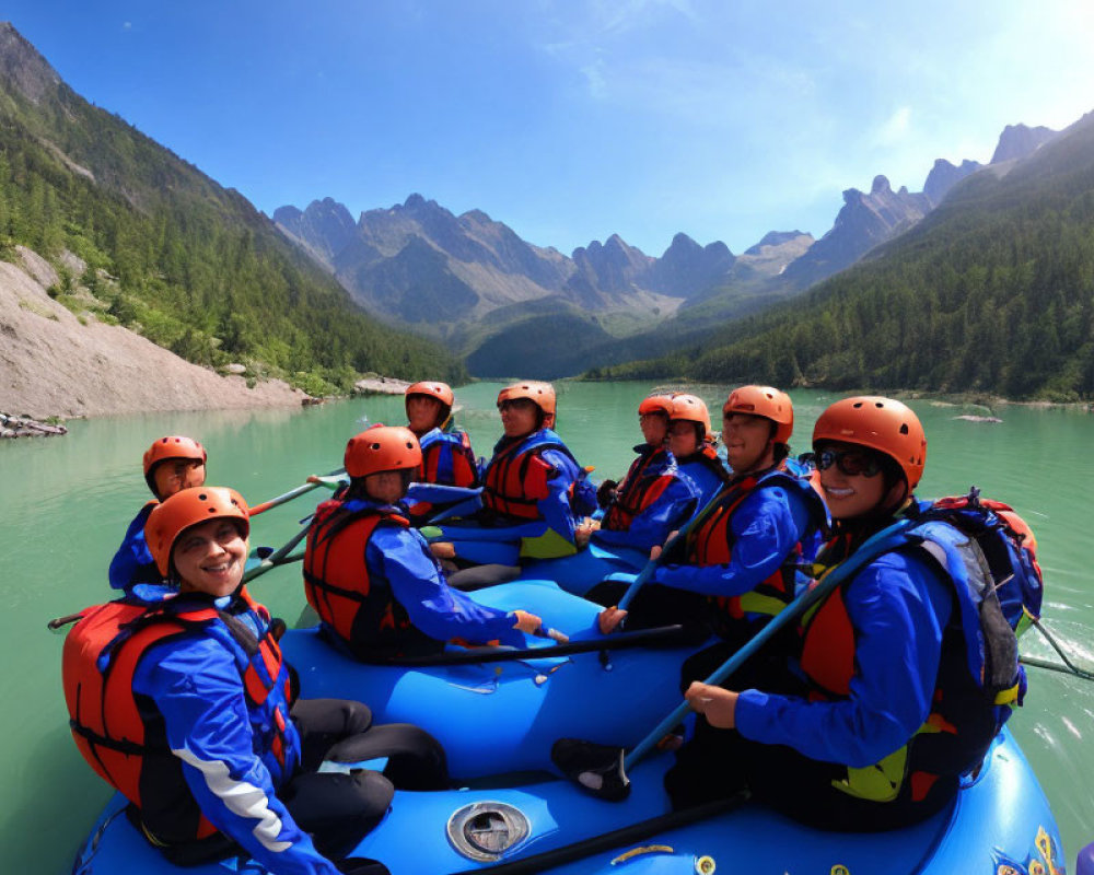 People in life jackets and helmets on raft in mountain lake