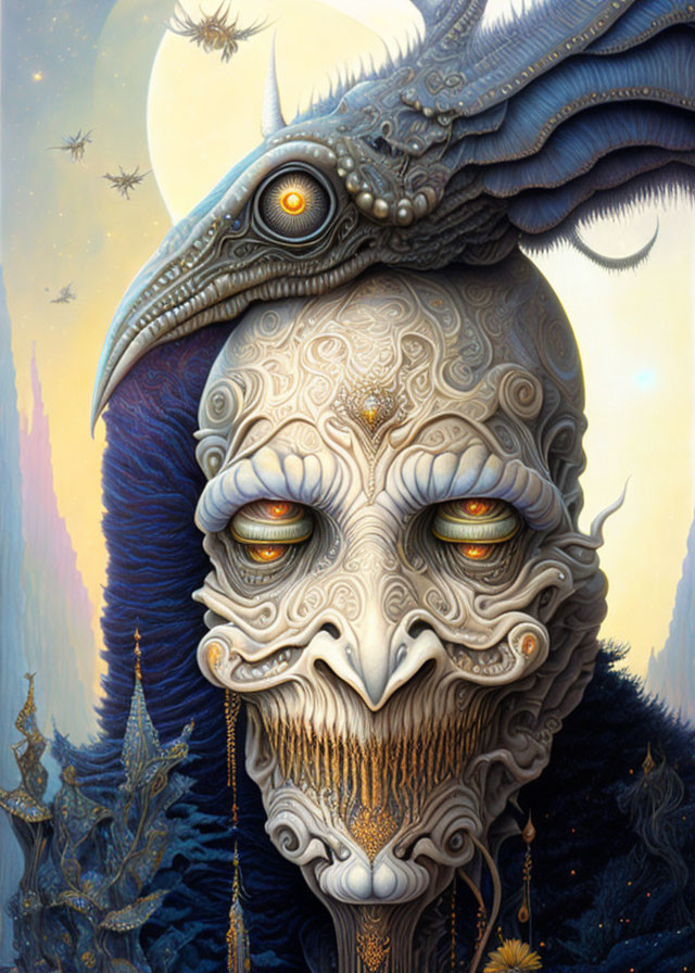 Fantastical creature with ornate features in dreamy landscape