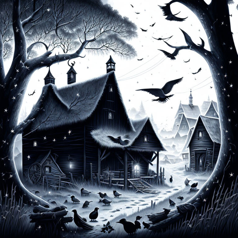 Monochromatic village scene with trees, birds, traditional houses, and stars in serene nocturnal ambiance