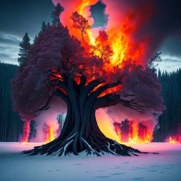 Flaming tree against twilight sky in snowy forest landscape