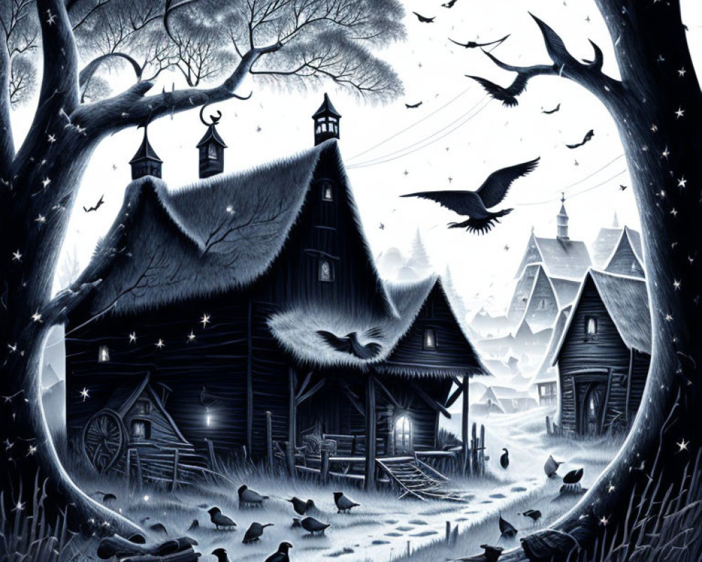 Monochromatic village scene with trees, birds, traditional houses, and stars in serene nocturnal ambiance