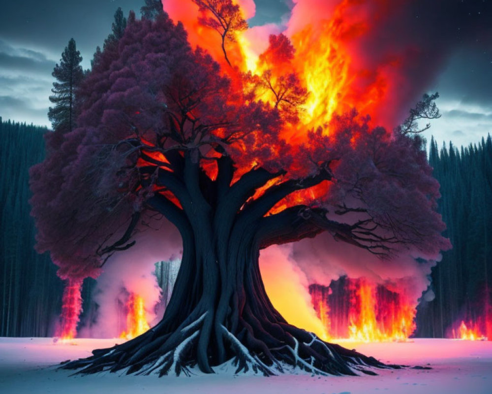 Flaming tree against twilight sky in snowy forest landscape