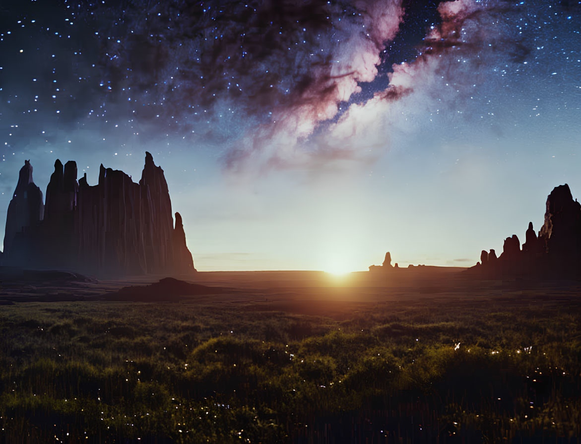 Twilight landscape with rocky formations under star-filled sky