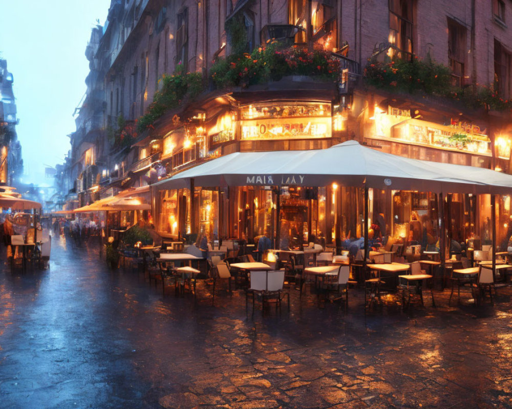 European Street Café Twilight Scene with Outdoor Seating and Warm Lights