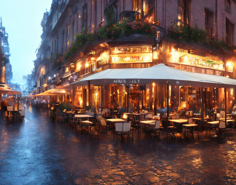 European Street Café Twilight Scene with Outdoor Seating and Warm Lights