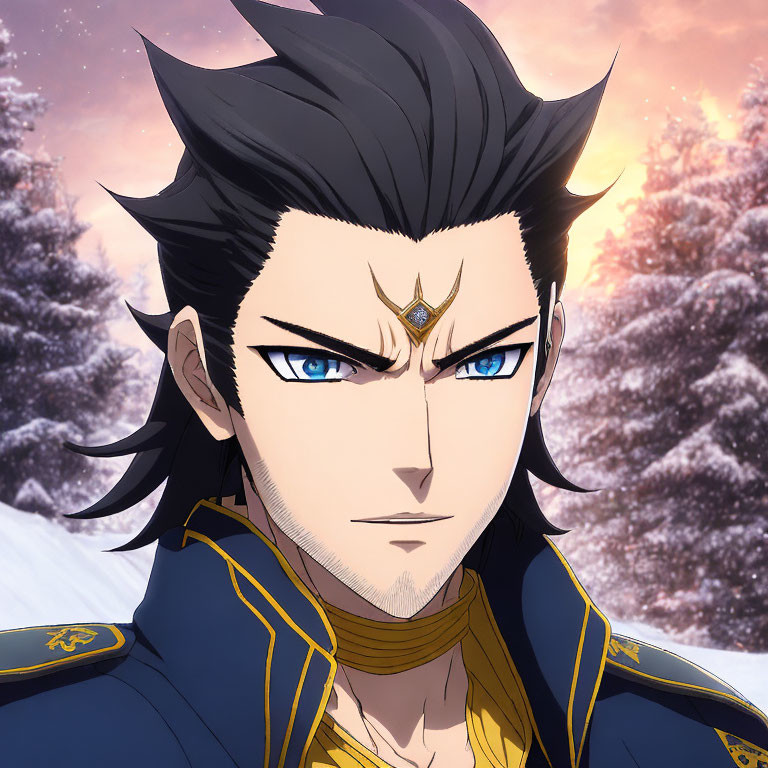 Animated character with spiky black hair, blue eyes, and military uniform in snowy setting