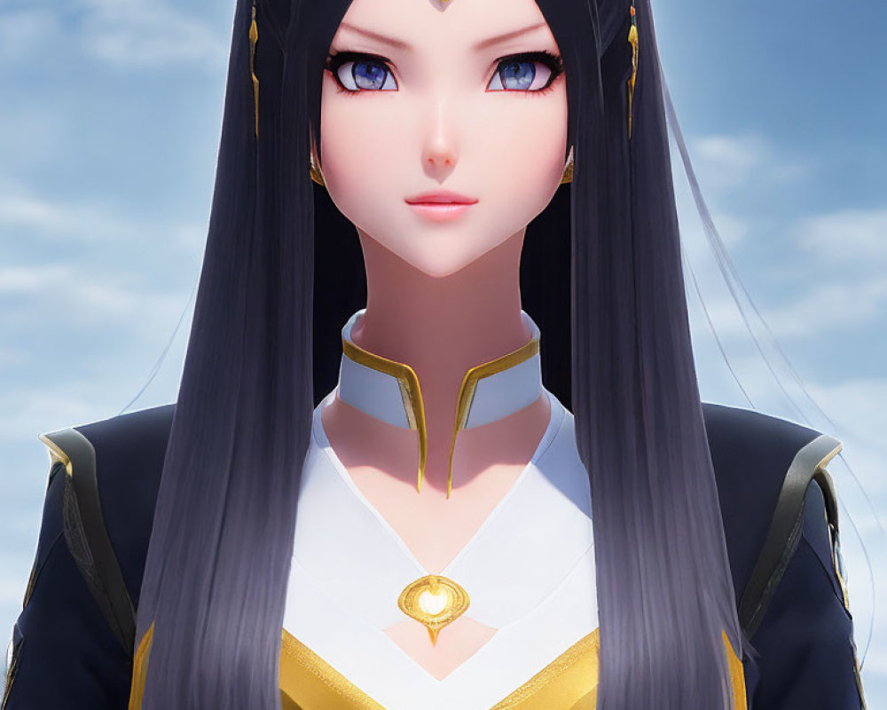 Digital artwork: Female character with long black hair, blue eyes, black and white outfit with gold accents