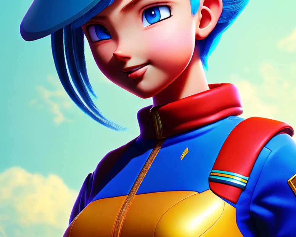 Blue-haired animated character in futuristic suit with striking blue eyes and red accents on sky-blue background