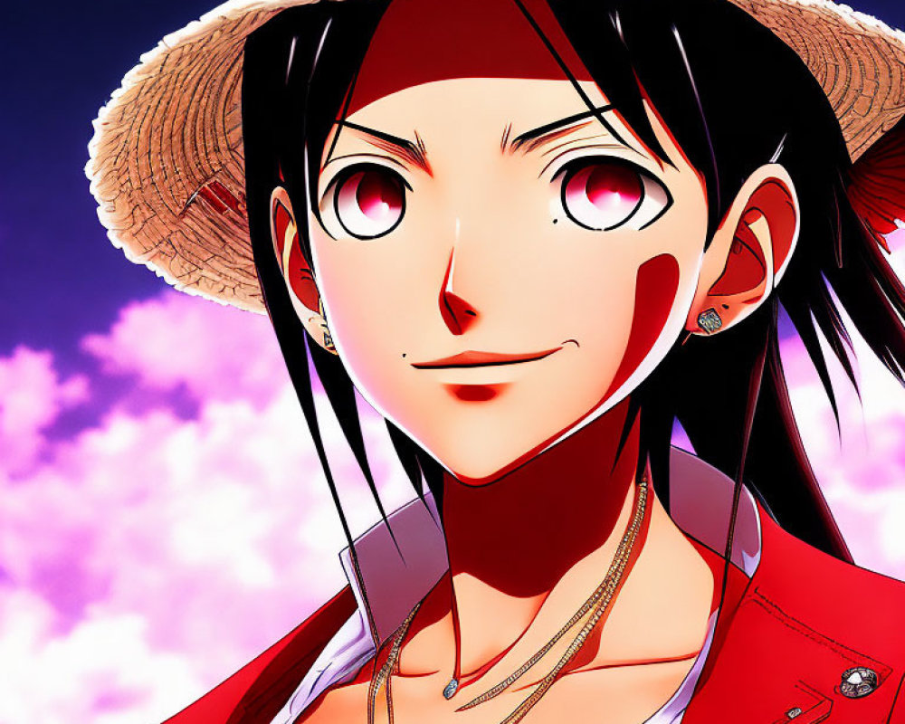 Animated female character with large pink eyes in hat and red vest against pink sky