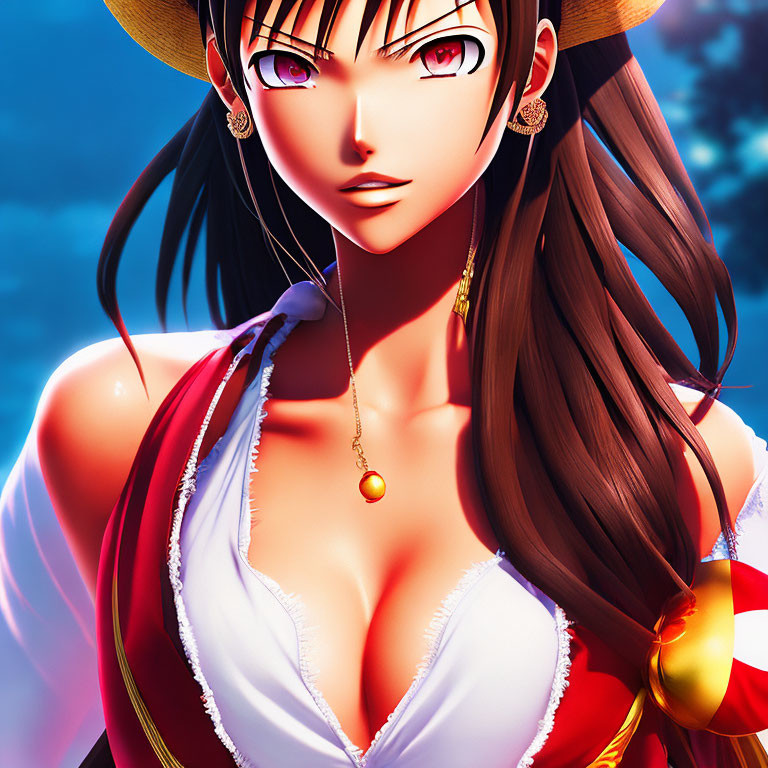 Animated female character with long black hair, red eyes, red hat, gold earrings, white top,