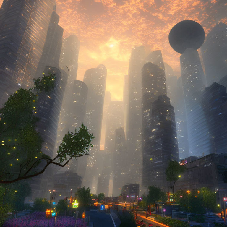 Futuristic cityscape at sunset with skyscrapers, greenery, and hovering structure