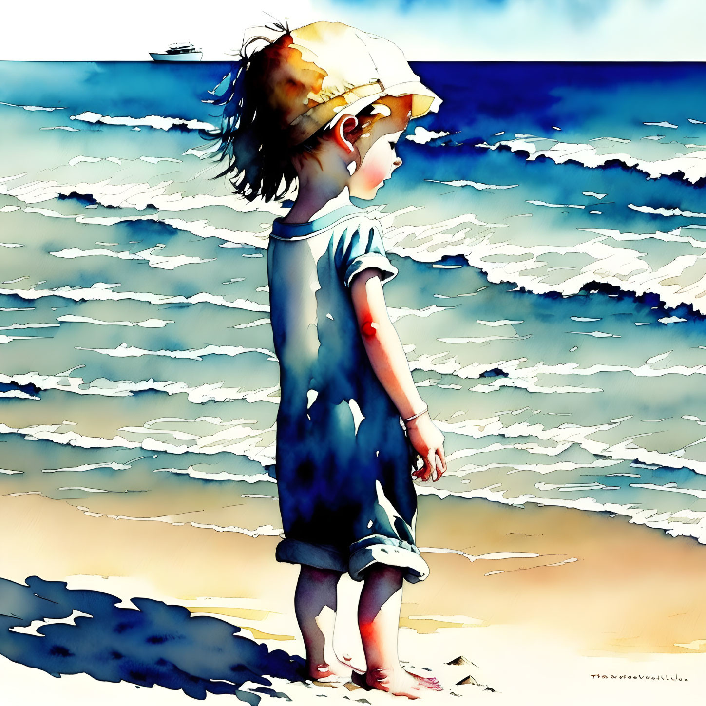Child in Sun Hat and Blue Dress on Sandy Beach with Sea and Boat