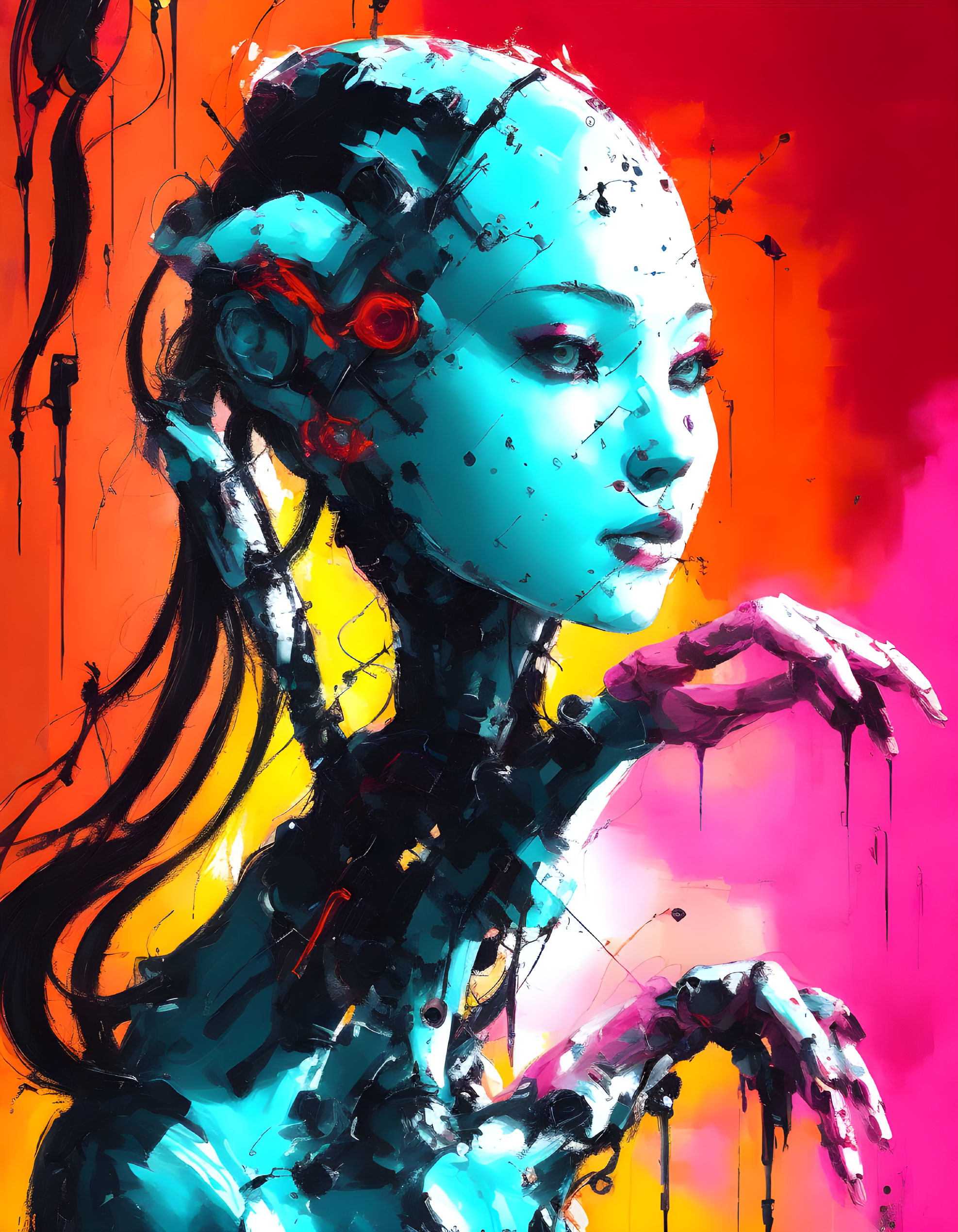 Blue-hued female android with red cybernetic eye details on red and yellow backdrop