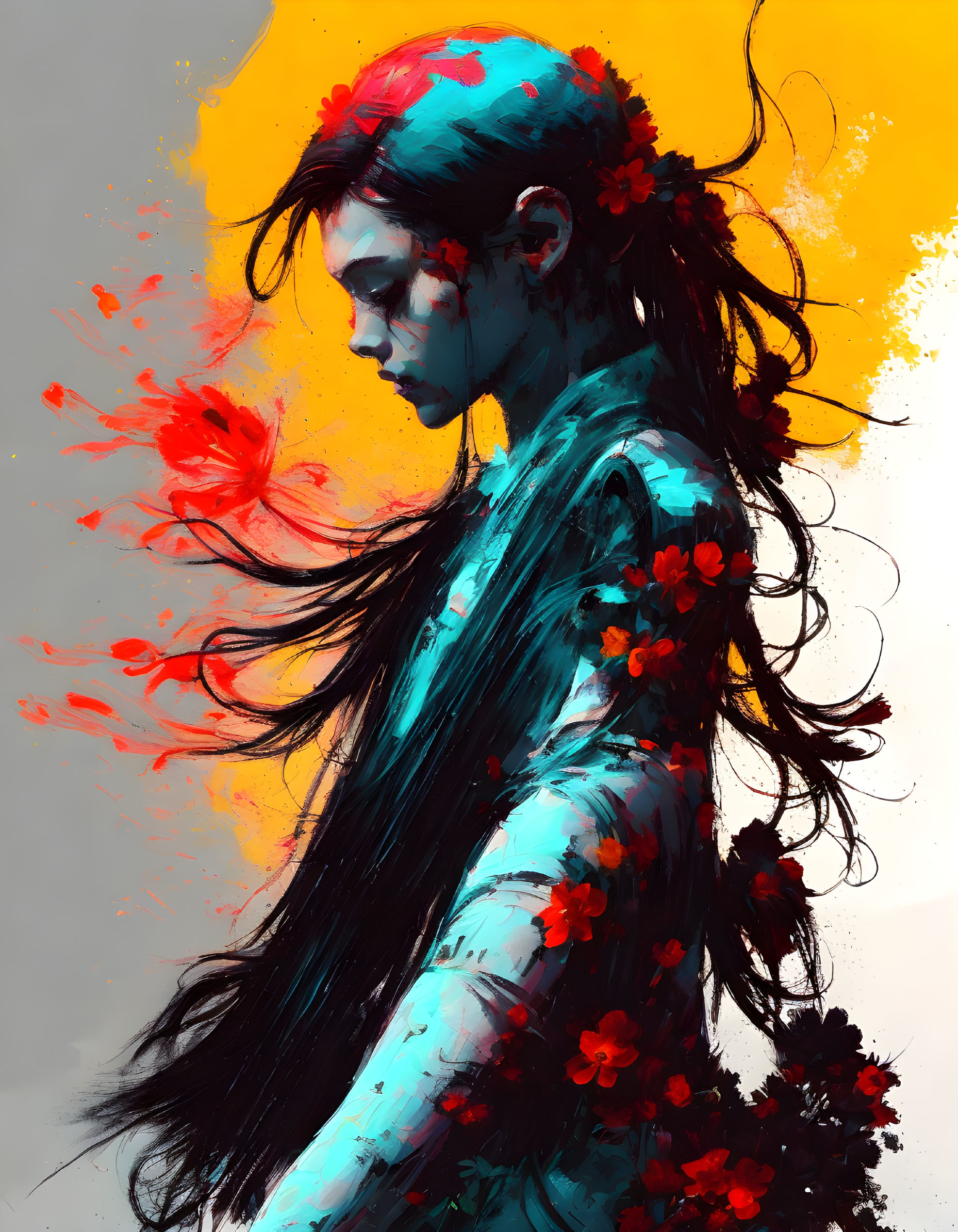 Vivid digital painting of person with black hair and red flowers