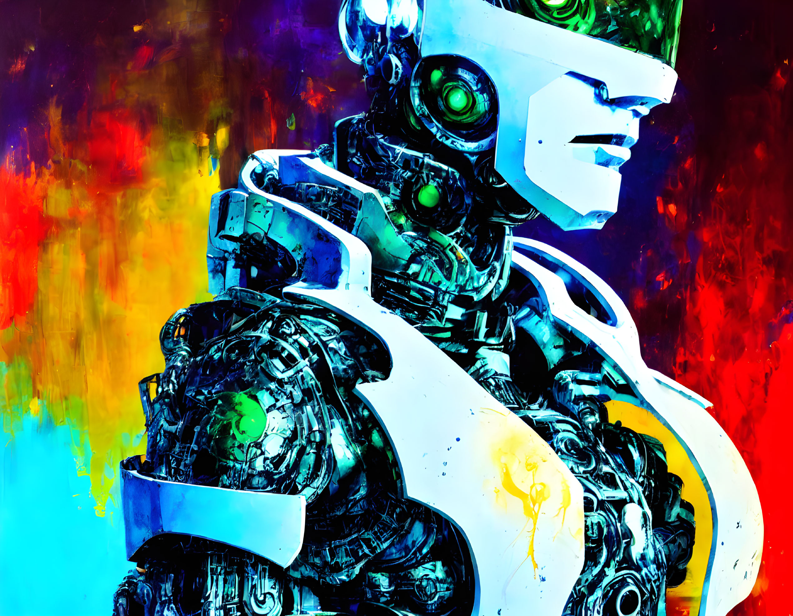 Colorful robot figure with human-like features on abstract background