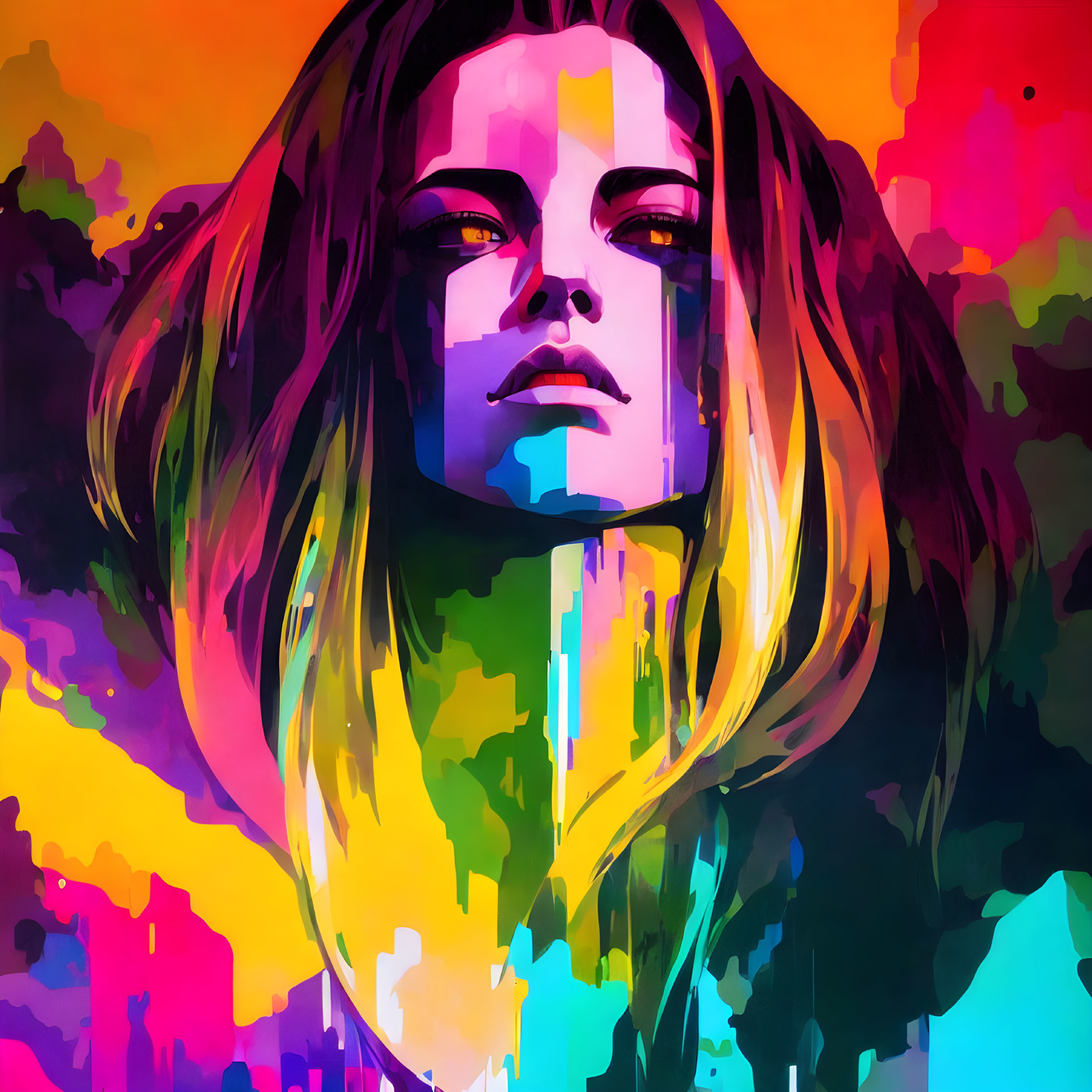 Colorful Abstract Portrait of Woman with Flowing Hair and Intense Gaze