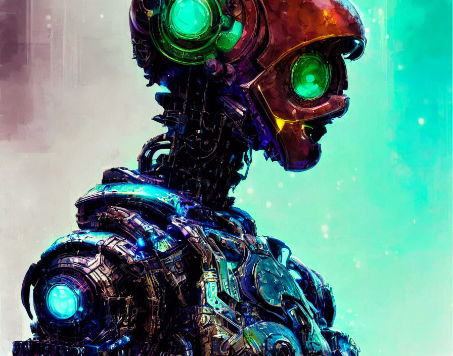 Detailed mechanical robot with glowing green eyes on colorful backdrop