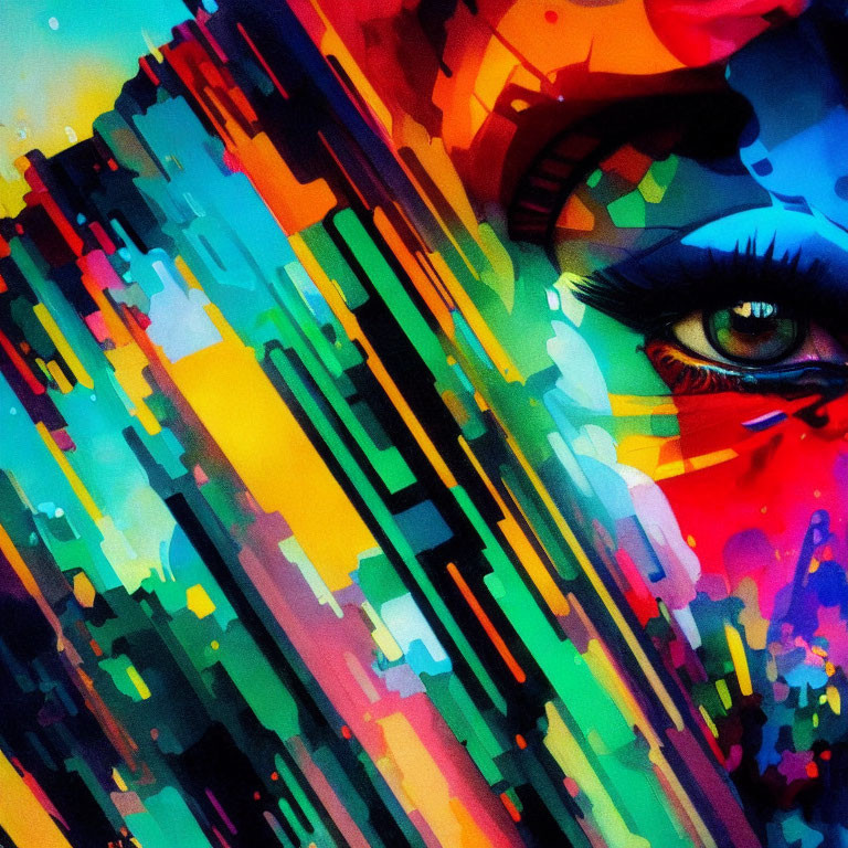 Abstract art piece with realistic human eye and colorful patterns