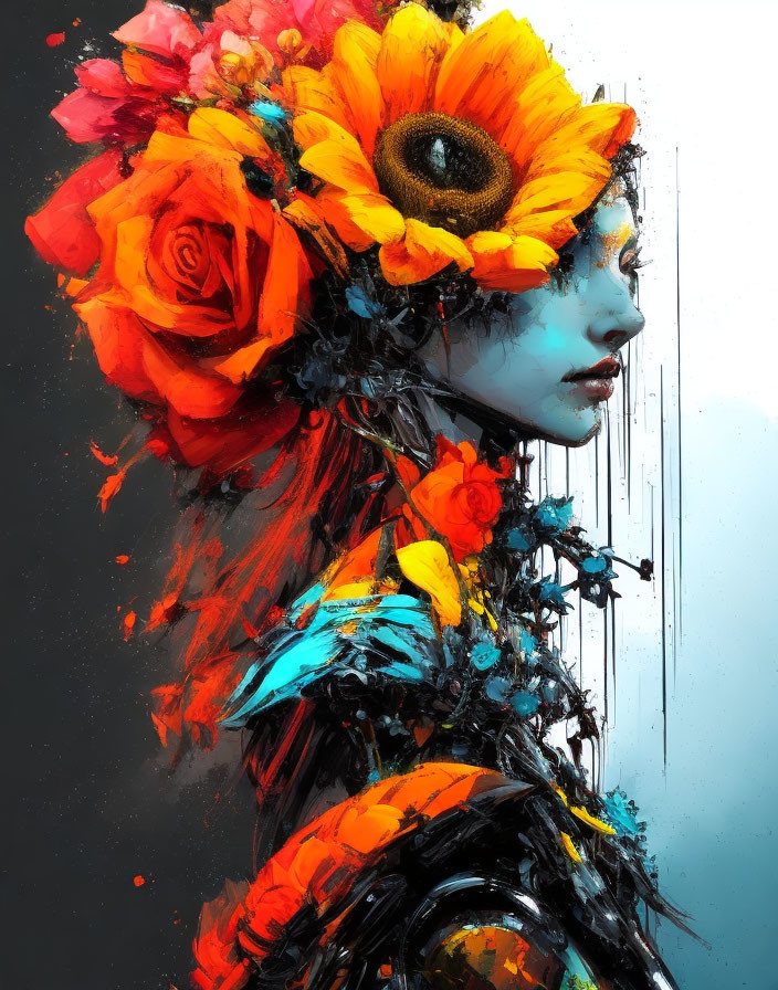 Colorful woman with sunflower eye and roses on dark background