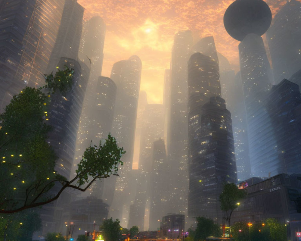 Futuristic cityscape at sunset with skyscrapers, greenery, and hovering structure