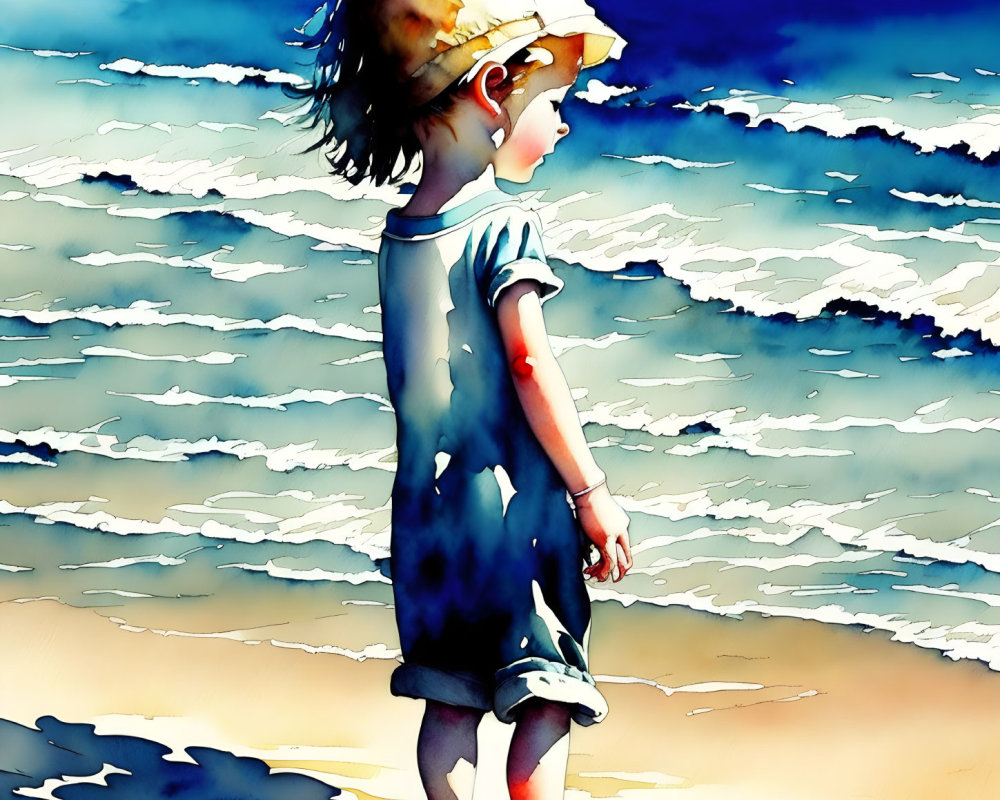 Child in Sun Hat and Blue Dress on Sandy Beach with Sea and Boat