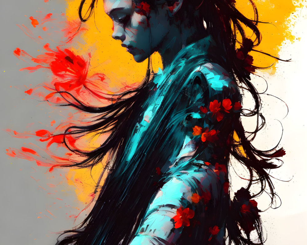 Vivid digital painting of person with black hair and red flowers