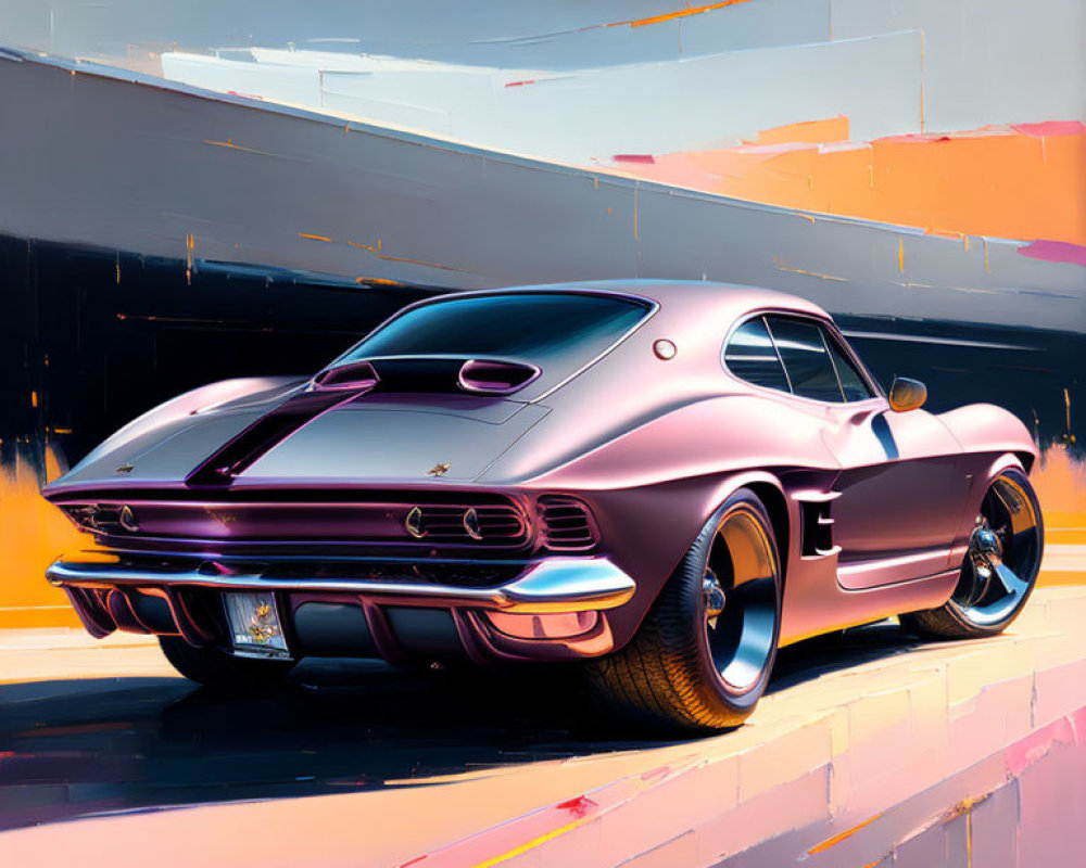 Colorful digital artwork of classic car with purple paint on abstract background.